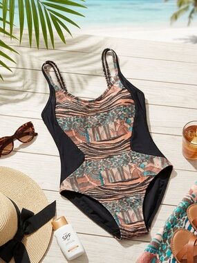 Patterned Black One-Piece Swimsuit with Teal Accents